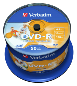 Verbatim  Диски DVD-R  4.7Gb 16х, Wide Photo InkJet Printable, 50шт, Cake Box (43533/43649) 