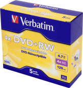 Диски  DVD+RW  Verbatim 4-x, 4.7 Gb,  (Jewel Case 5 шт)  (43229/43228) 