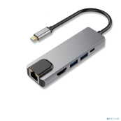Bion Мульти переходник USB Type-C - USB Type-C/2*USB-A 3.0/HDMI/RJ-45 1000мб/с, 60W, алюминиевый корпус, длинна кабеля 10 см [BXP-A-USBC-MULTI-03] 