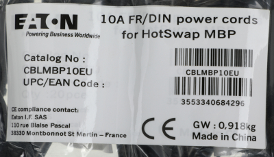 Eaton 10A FR/DIN power cords for HotSwap MBP CBLMBP10EU