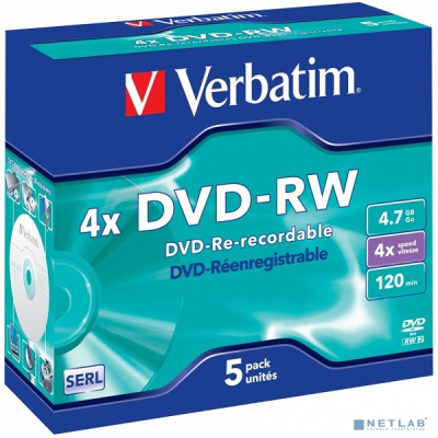 43285 Диски DVD-RW Verbatim 4-x, 4.7 Gb (Jewel Case, 5шт.)