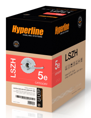 Hyperline UUTP4-C5E-S24-IN-LSZH-GY-305 (305 м) Кабель витая пара, неэкранированная U/­UTP, категория 5e, 4 пары (24 AWG), одножильный(solid), LSZH, нг(С)-HF, -20°C – +75°C, серый