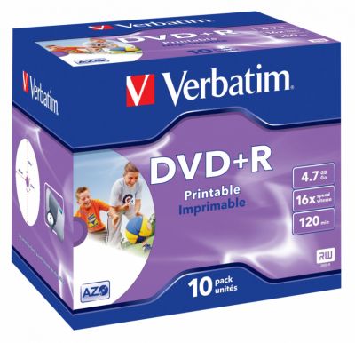43508 Диски DVD+R Verbatim 16-x, 4.7 Gb, Printable (Jewel Case, 10шт.)