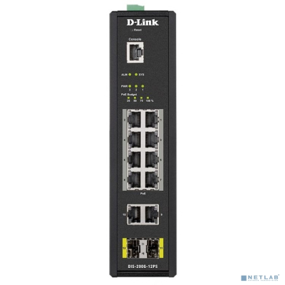 D-Link DIS-200G-12PS/A1A Промышленный управляемый коммутатор 2 уровня с 10 портами 10/100/1000Base-T и 2 портами 1000Base-X SFP (8 портов с поддержкой PoE 802.3af/802.3at (30 Вт),PoE бюджет до 240 Вт) 