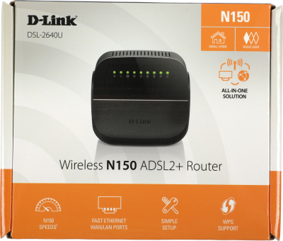 D-Link DSL-2640U/R1A Беспроводной маршрутизатор N150 ADSL2+, с поддержкой Ethernet WAN (Annex A)