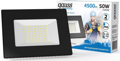 GAUSS 613100350 Прожектор светодиодный LED 50W 3500lm IP65 6500К черный 1/40